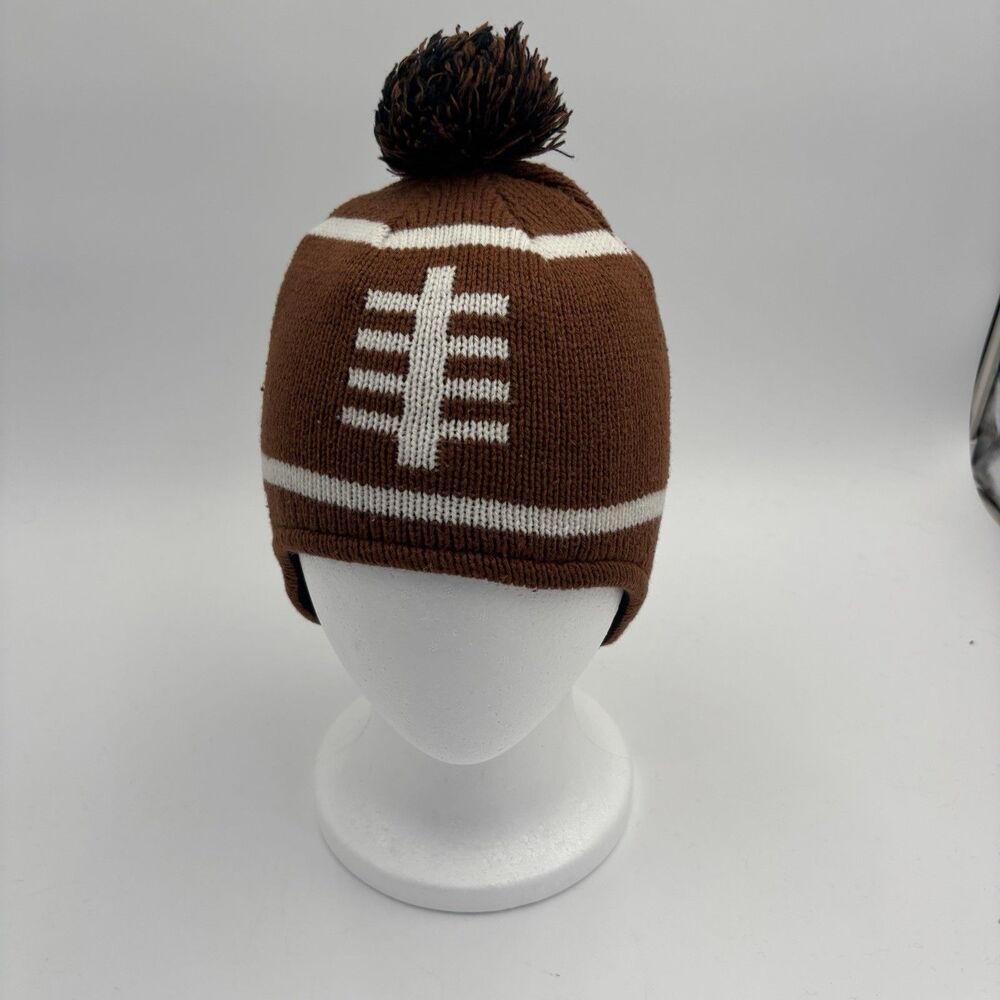 Carters Kids Football Beanie Hat Size 4-7 Brown Pom Ear Flaps Fleece Lined Winte